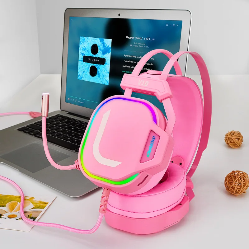 Vroče V10 žično gaming slušalke USB, 7.1 kanalni LED luči roza luštna punca slušalke z mikrofonom za zmanjšanje hrupa, glasbo, slušalke