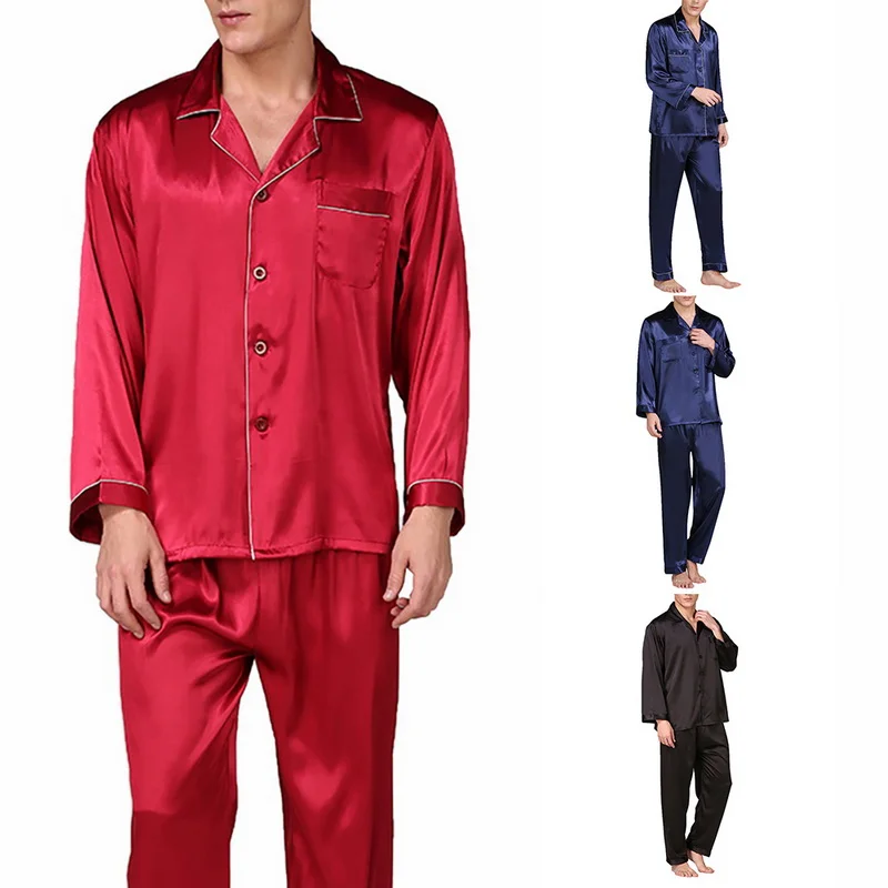 Pomlad In Poletje moška Classic Saten Pajama Long Sleeve Solid Color Sleepwear Velikosti Homeservice Imitacije Svile Čiste Barve