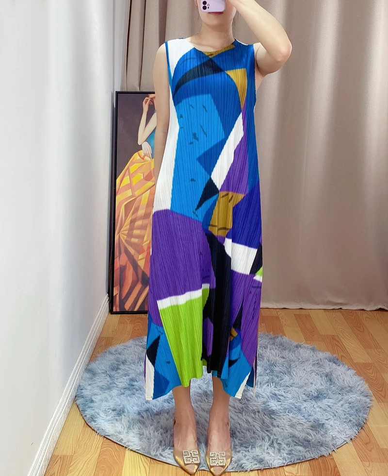 2020 poletje nove Ženske barvno ujemanje brezrokavnik obleka Miyak krat Moda krog vratu brez rokavov slim hujšanje mid-dolžina obleko vezani 8