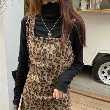 Ženske brez Rokavov Obleko Leopard Elegantno Vse-match Modo Svoboden Ženski Retro korejski Slog Preprost Mini Ulične vsak Dan Nove Ponudbe