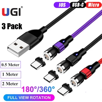 UGI 3Pack ( 3Cable + 3Plug ) 540° Magnetni Kabel Polnilnika Za IOS Tip C USB C Micro USB Android Kabel Za Samsung Oneplus Xiaomi