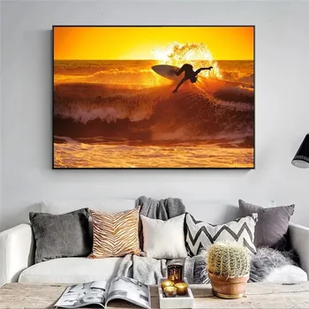 Platno Slikarstvo Deskanje Valovi na Steno Plakatov in Fotografij Pokrajina, sončni Zahod Seascape Stenske Slike za Dnevni Sobi Doma Dekor