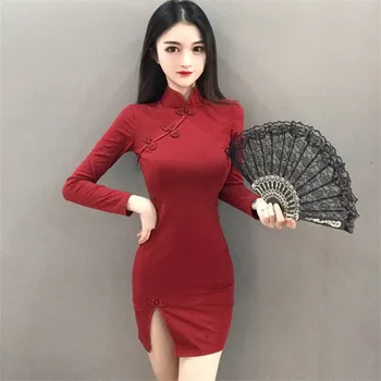 Model pravi strel 2020 spomladi in jeseni novi Kitajski retro slogu dolgo sleeved izboljšano cheongsam pasu hujšanje seksi obleko