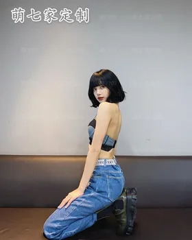 Kpop DVAKRAT EXO IE plesno predstavo enako seksi brez rokavov brez naramnic povodcem telovnik vrhovi + modra svoboden Visok pas, jeans dva kosa iz ženske