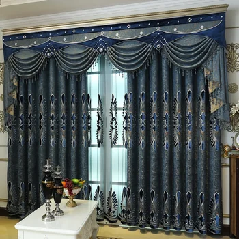 Evropsko razkošje modre zavese za dnevno sobo high-end ženiljska žamet vezene zavese za spalnico, jedilnico zaslona