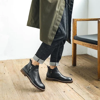 Moški zimski Škornji Pristen krava usnje chelsea škornji brogue priložnostne gleženj ravno čevlji Udobno kakovosti čipke obleko, čevlji 2020