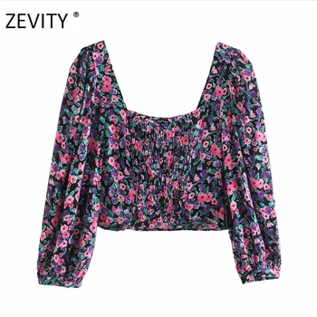 Zevity ženske letnik cvet tiskanja kratek delavska bluzo majice ženske puff rokav priložnostne slim nazaj elastična blusas elegantna vrhovi LS7153