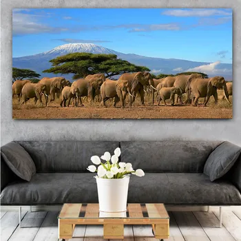 Čreda slonov Drevo Kilimandžaro Keniji Divje Živali Platno Slikarstvo Plakatov in Fotografij Wall Art Slike Za dnevno Sobo
