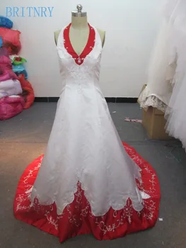 BRITNRY Bela in Rdeča Poročno Obleko Elegantno Povodcem Vezenje Beading Črto Poročne Obleke 2018 Realne slike