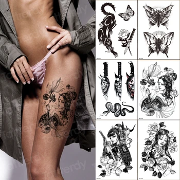 6pcs Nepremočljiva Začasni Tattoo Nalepke Japonski Gejša metulj Flash Tetovaže Leopard Volk Tiger Body Art Roko Ponaredek Tattoo Moški