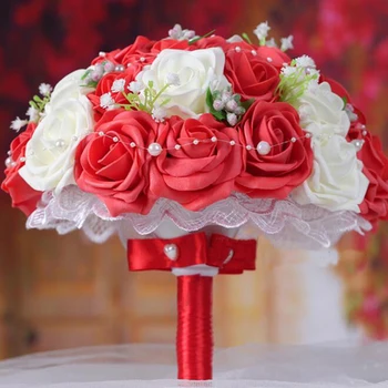 Lepa Rose Cvet Poročni Šopek z Biseri Bela, Roza, Vijolična Coral Red Burgundija Poročne Družico Šopek de mariage