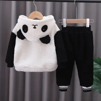 Srčkan eleganten, Udobno, Priročno Praktično Risanka Panda Jeseni, Pozimi Otrok Topla Oblačila Zgosti Plašč, Hlače, Obleka
