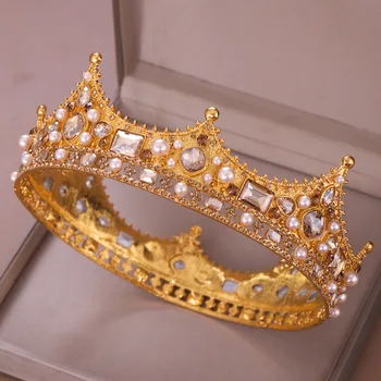 KMVEXO Baročno Zlato, Šampanjec Kristalno Pearl Noge Poročne Tiaras Kraljica Kralj Krog Krono Poroko Lase, Nakit, Dodatki za Ženske