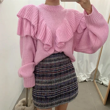 YAMDI korejski vzletno-pristajalne steze pulover ženske jeseni, pozimi do leta 2020 o vratu trdna elegantna moda svoboden pollover debele pletene džemper ženske ruffle