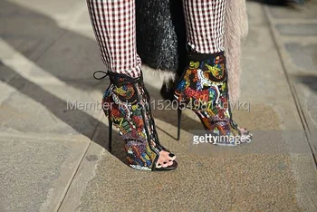 Moda Kristalno Zajeti Strip Open Toe Škorenjčki Čipke Visokih Petah Poletni Sandali, Škornji Multicolor Diamond Seksi Dame Stiletto