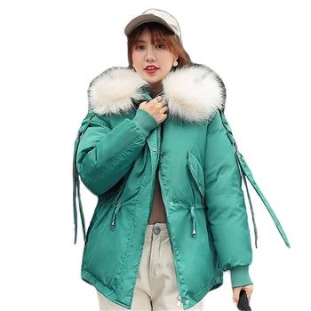 Zimski plašč ženske kratke slim zelena rumena plus velikost 2020 novi korejski modni bež toplino navzdol bombaž big krzno hooded parka LD1447
